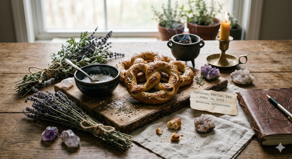 A rustic wooden table holding soft pretzels, a small bowl of coarse sea salt, bundles of dried lavender, crystals, and a steaming mini cauldron in a cozy, witchy kitchen setting.
