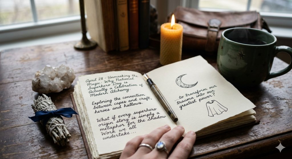 An open journal resting on a wooden table, featuring handwritten notes about National Superhero Day and shadow work, surrounded by a sage bundle, a lit candle, and a crystal.