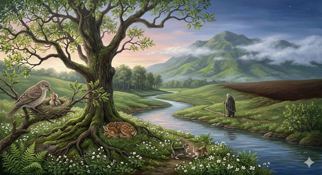 A lush, green landscape at dawn featuring a large, ancient tree in the foreground. In the tree, a bird feeds its chick in a nest. Beneath the tree, a fawn sleeps, and nearby, two kittens play near a stream. In the distance, an elderly figure walks along a path toward a mist-covered mountain as the sky transitions from soft sunrise colors to a quiet, starry night.