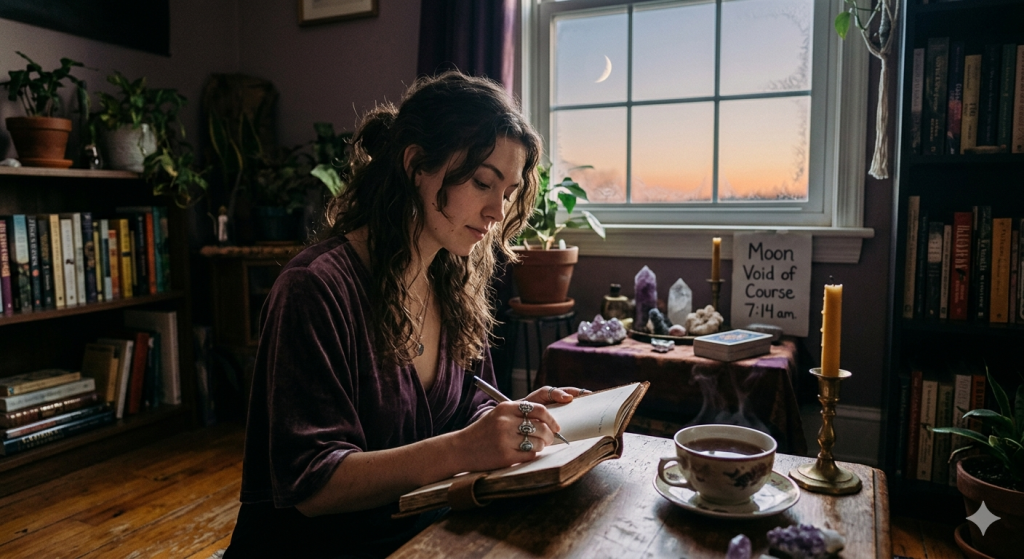 A practitioner sitting at a wooden desk by a window, writing in a journal during the early morning. A steaming cup of tea, crystals, and tarot cards are nearby. Outside the window, a crescent moon is visible in the dawn sky.