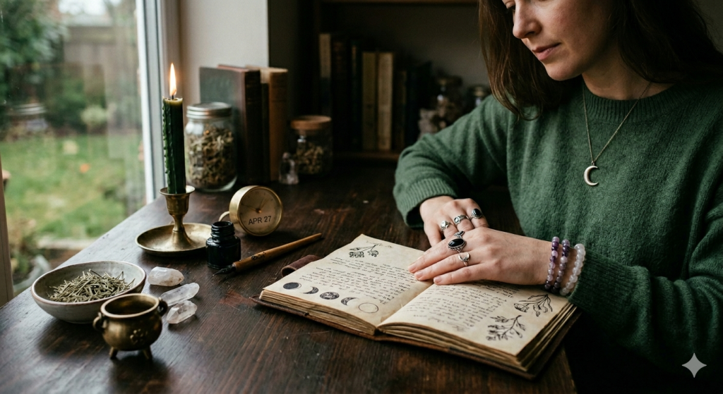 A close-up, high-angle view of a woman with long hair sitting at a rustic wooden desk by a window. She is wearing a green sweater and crystal jewelry, looking down at an open, handwritten grimoire filled with lunar phase illustrations and botanical sketches. On the desk are a lit green taper candle, a small brass cauldron, raw crystals, and a small brass clock set to 2:30.