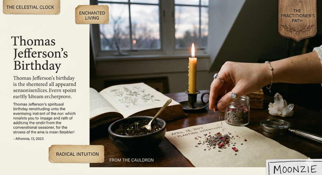 A hand sprinkles dried herbs and flower petals onto a parchment paper labeled "April 13, 2023 - PLANTING INTENTIONS" on a wooden table. Beside it is a small bowl of soil with a seedling, an open antique book, a glowing beeswax candle, and a magnifying glass.