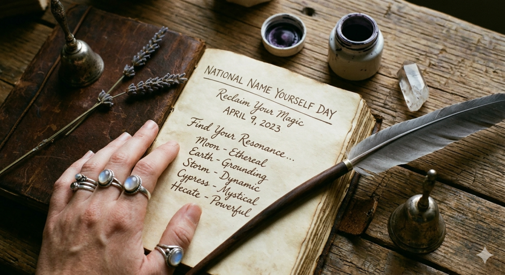 A close-up, top-down view of an open, aged parchment journal resting on a rustic wooden table. A hand adorned with silver moonstone rings rests gently on the page, which features handwritten text listing elemental names like "Moon," "Earth," and "Hecate." Next to the book lies a quill pen, a small silver bell, and sprigs of dried lavender, creating a cozy, witchy atmosphere.