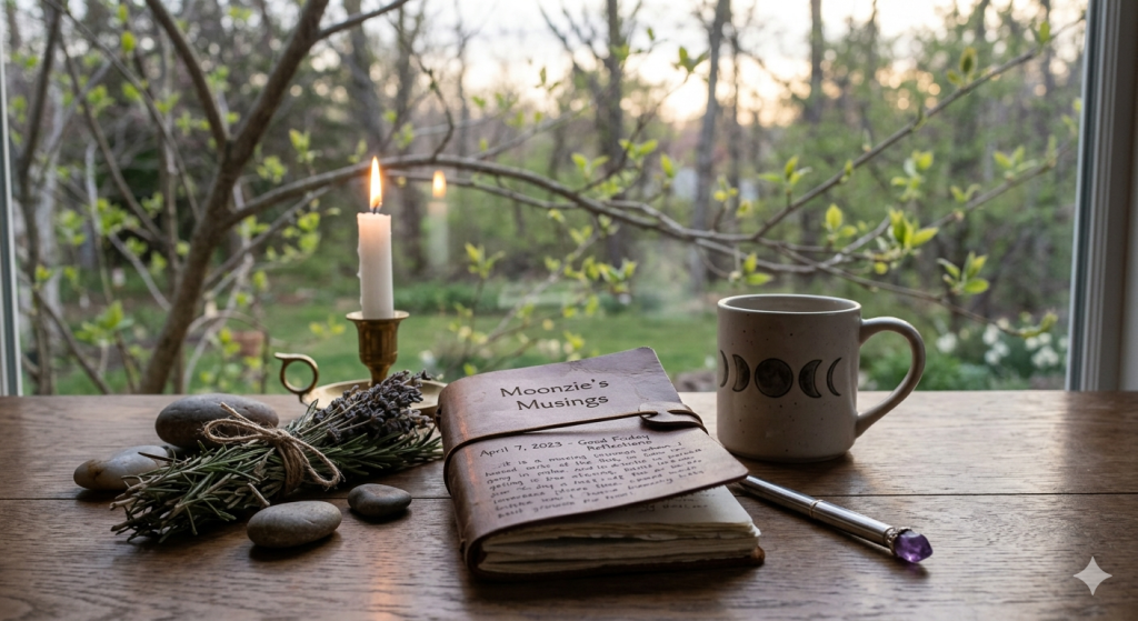A still life scene on a wooden table in front of a window overlooking a spring garden. A leather-bound journal lies open next to a mug with lunar phases, a lit white candle in a brass holder, a bundle of fresh rosemary and lavender, and a crystal-tipped pen.