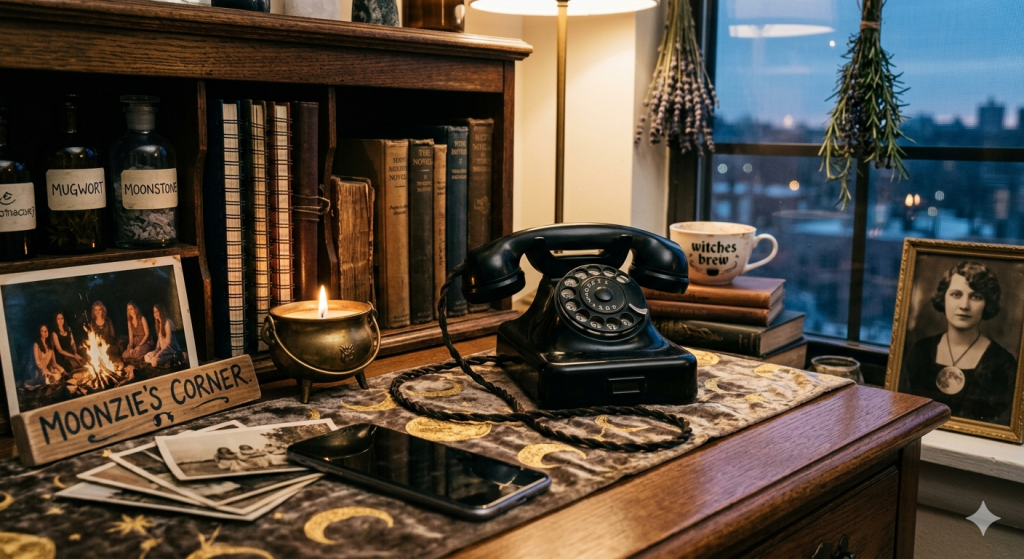 A vintage black rotary telephone sits on a desk covered in a celestial-patterned cloth, surrounded by books, a cauldron-shaped candle, and apothecary jars.