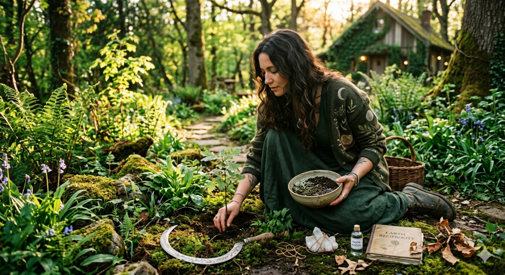 A woman dressed in a green dress and dark cardigan kneeling in a lush, mossy forest garden, gently planting a small oak sapling in the earth. Beside her lie a sickle, a raw crystal, and an old, rustic book titled "Earth Reciprocity."