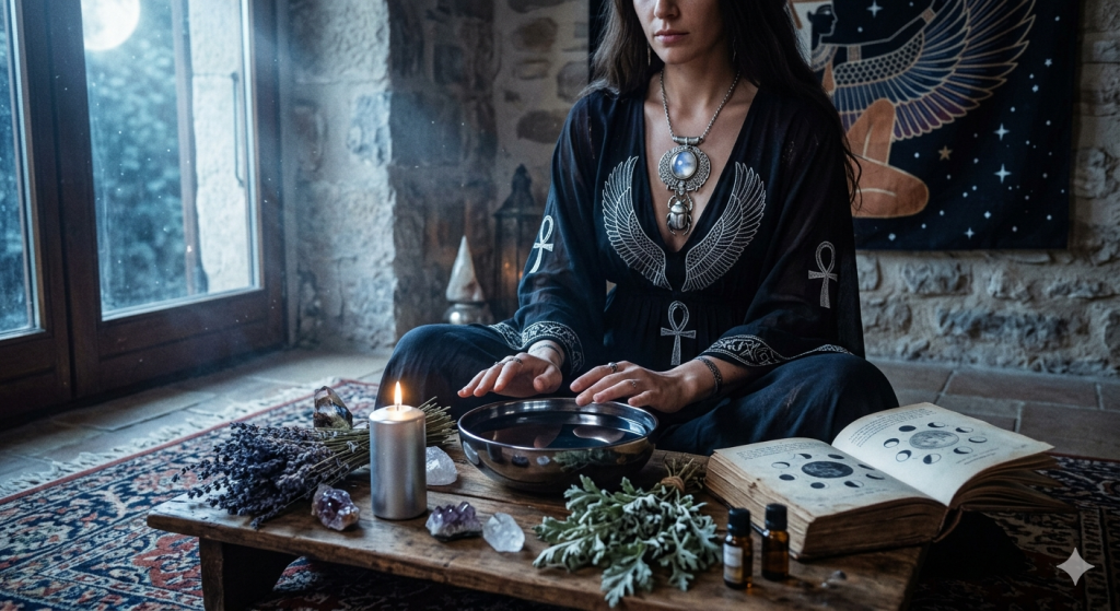 A person wearing a black dress adorned with white ankh symbols and wing motifs sits on a rug in a moonlit room, performing a ritual over a bowl of water with a silver candle, crystals, and an open book of moon phases nearby.
