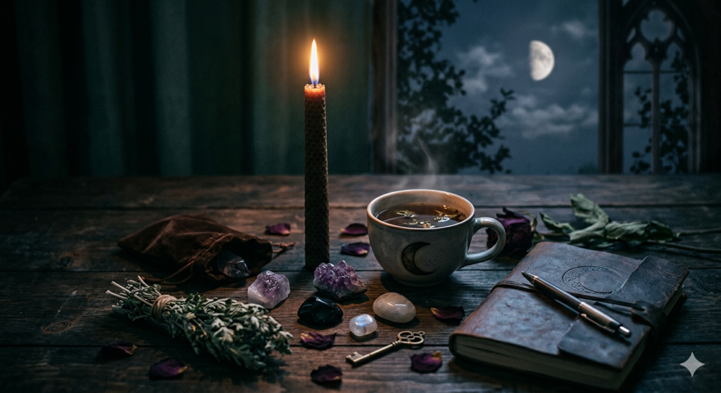 A witchy, atmospheric scene on a dark wooden table featuring a lit beeswax candle, a steaming mug, scattered crystals, a leather-bound journal with a pen, and a bundle of dried sage, all set against a backdrop of a window displaying a Last Quarter Moon in the night sky.