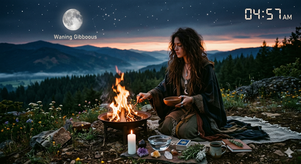 A bohemian witch performing a fire ritual on a mountain ridge at dawn under the Sagittarius Moon, surrounded by crystals, tarot cards, and herbs.