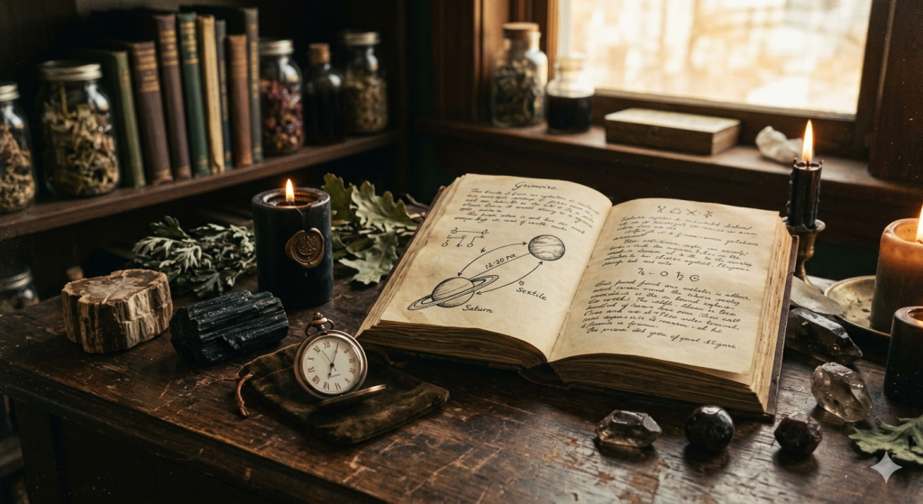 A dimly lit, atmospheric witchy workspace featuring an open, aged leather-bound grimoire on a rustic wooden desk, showing hand-drawn astrological sketches of Saturn and a sextile alignment, alongside a burning black candle, a vintage pocket watch set to 12:20, raw crystals, and shelves of jars in the background.