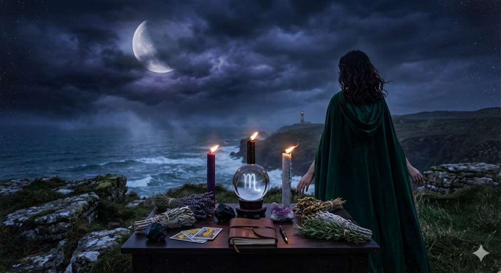 A witch in a green velvet cloak stands at an outdoor altar on a cliff overlooking a stormy, dark ocean under a crescent moon, with a crystal ball featuring the Scorpio symbol, candles, tarot cards, and bundles of herbs on the table.