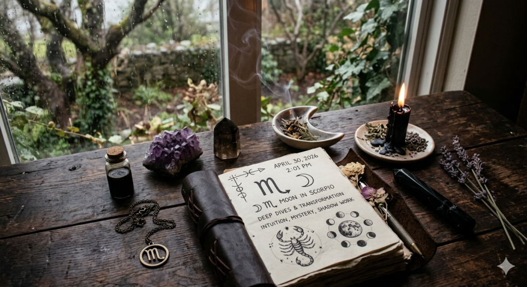 A dimly lit, rustic wooden table featuring an open grimoire showing Scorpio astrological symbols, a burning black candle, amethyst, and other witchy ritual tools next to a window on a rainy day.