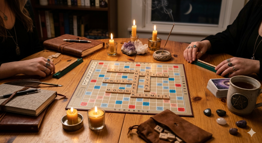 A wooden Scrabble board on a rustic table, surrounded by lit candles, crystals, an incense burner with rising smoke, and journals, creating an atmospheric, witchy vibe.