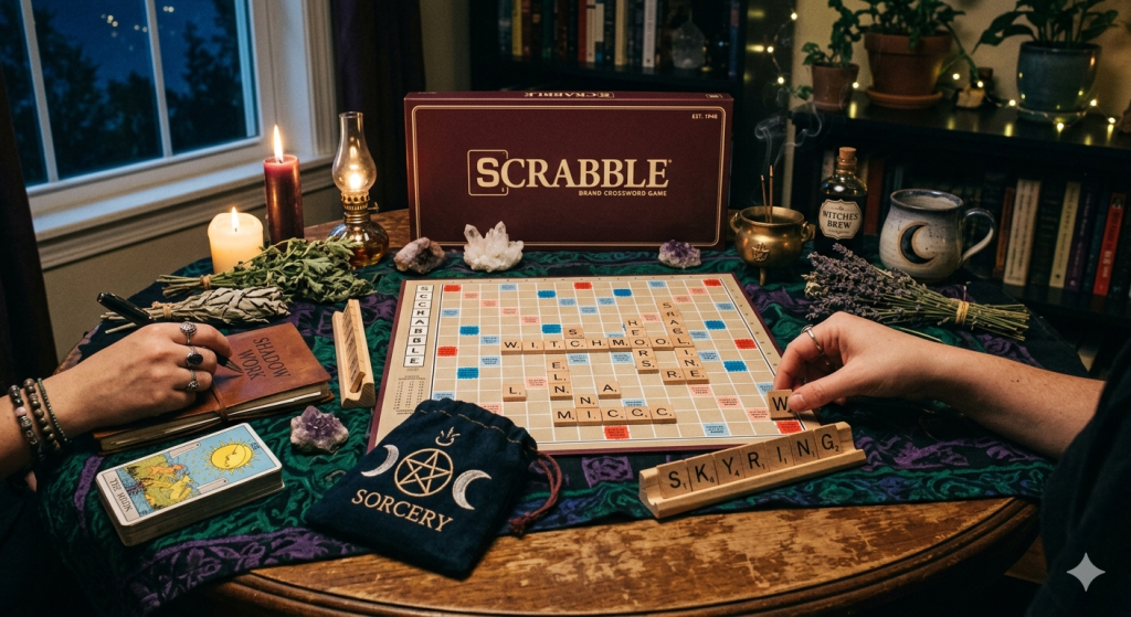 A close-up, high-angle view of a wooden table covered in a dark, patterned cloth, set up for a "witchy" game of Scrabble. One hand is placing a letter tile on the board, while another person sits nearby writing in a "Shadow Work" journal. The table is decorated with crystals, a small cauldron, dried sage, lavender bundles, and a deck of tarot cards, with the Scrabble game box in the background.