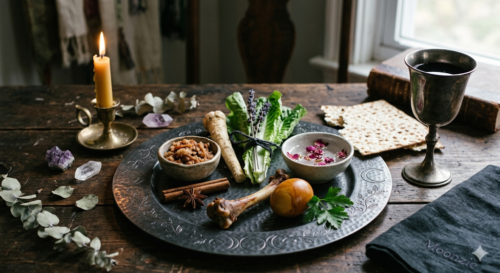 A mystical Seder plate on a rustic wooden table featuring Matzah, ritual herbs, a bone, and an egg, surrounded by amethyst crystals, dried lavender, and a flickering beeswax candle.