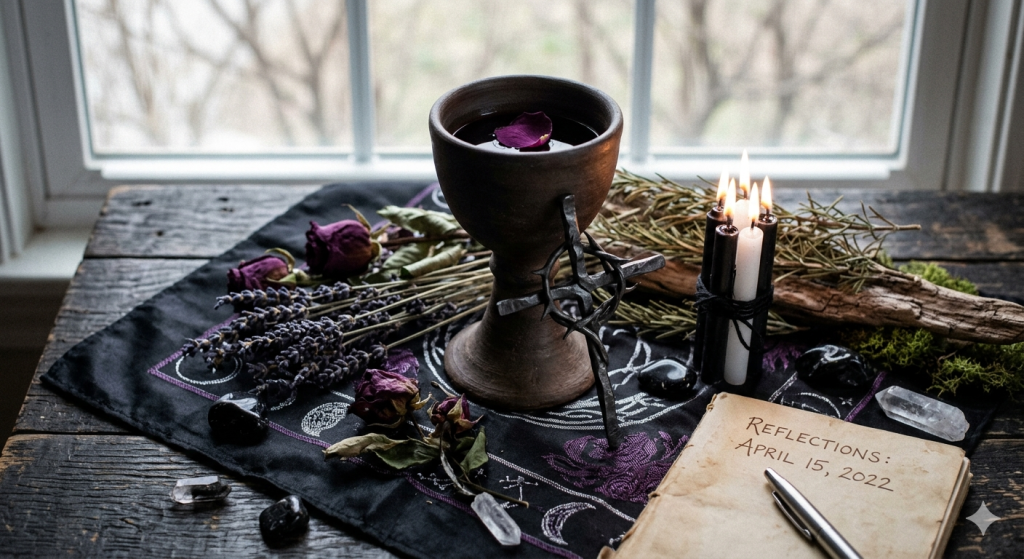 A dimly lit, witchy altar scene featuring a wooden chalice filled with dark water and a rose petal, surrounded by bundles of dried lavender, rosemary, black and white candles, crystals, and a vintage journal open to a page titled "Reflections: April 15, 2022."