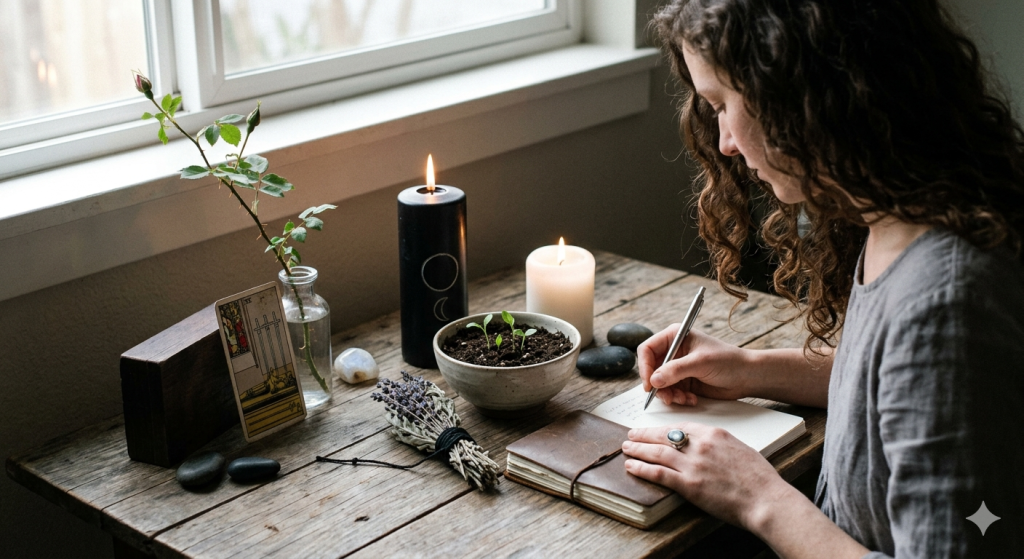 A person with curly hair writing in a leather-bound journal at a rustic wooden desk, illuminated by a black candle, a white candle, and soft window light. On the desk, there is a small bowl with seedlings, a bundle of dried lavender, and a tarot card.