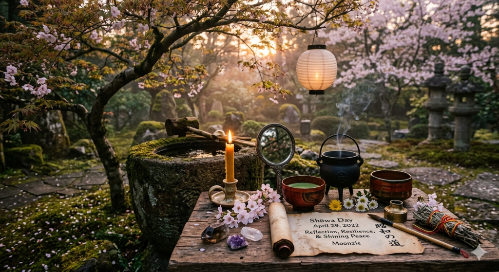 A mystical ritual setup in a Japanese zen garden featuring a small cauldron, a lit candle, cherry blossoms, and a scroll labeled "Showa Day April 29, 2022."