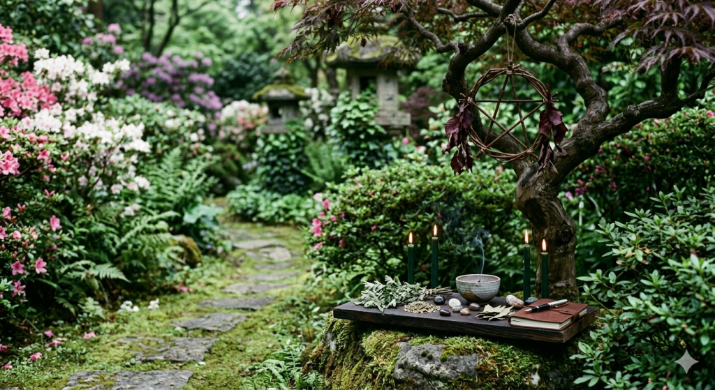 A mystical outdoor altar on a mossy stone in a Japanese garden featuring green candles, a bowl of herbs, and a journal, with a twig pentacle hanging from a Japanese maple tree.