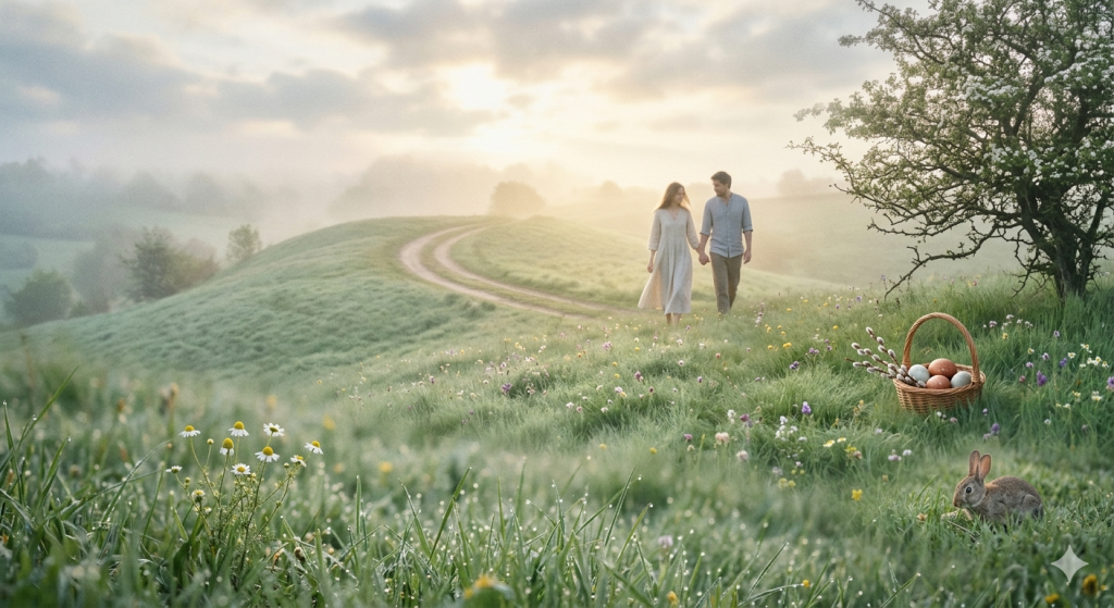 A romantic couple walking hand-in-hand through rolling green hills at dawn, surrounded by morning mist, wildflowers, a rabbit, and a basket of spring eggs.