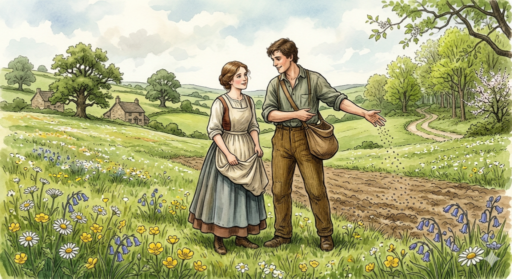 A nostalgic watercolor illustration of a young man and woman in an early 19th-century pastoral setting. The man is sowing seeds into a tilled patch of earth while the woman, wearing an apron, watches him with a soft smile. They are surrounded by a lush green meadow filled with spring wildflowers under a soft, cloudy sky.