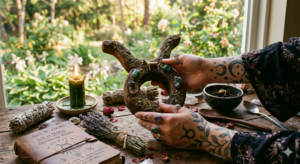 A person with tattooed arms holding a handcrafted wooden Taurus symbol decorated with small green crystals and herbs, set against a rustic table with a green candle, bundles of dried lavender and sage, and an open journal labeled "Sun in Taurus Grounding Ritual."