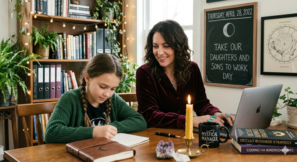 A woman and a young girl sitting at a wooden desk in a cozy, plant-filled home office; the woman is typing on a laptop while the child writes in a journal; a candle and an amethyst crystal sit on the table, creating a magical workspace vibe.