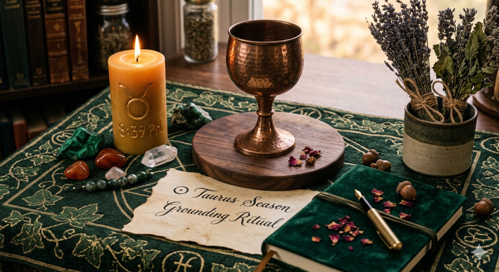 A detailed close-up photograph of a grounding ritual altar for Taurus season. A lit yellow candle carved with the Taurus zodiac symbol and "8:39 PM" sits on a dark green embroidered cloth alongside green and red crystals, dried lavender, a wooden plate holding a copper chalice, and an aged parchment note reading "Taurus Season Grounding Ritual." A velvet-covered journal and fountain pen with scattered rose petals and acorns are also visible in the warmly lit setting.