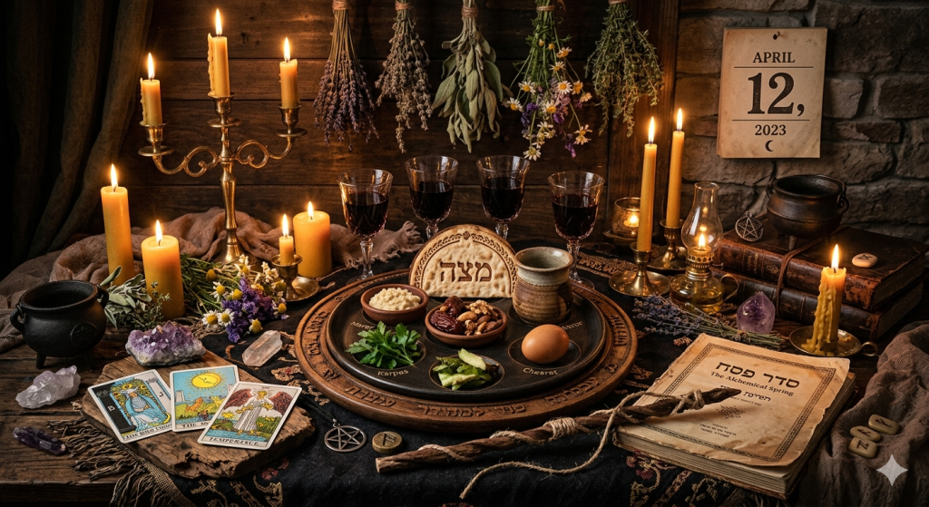 A witchy Passover Seder table featuring a ritual plate with symbolic foods, tarot cards, dried herbs hanging in the background, beeswax candles, and a vintage book titled "The Alchemical Spring," all set against a dark, rustic wooden backdrop.