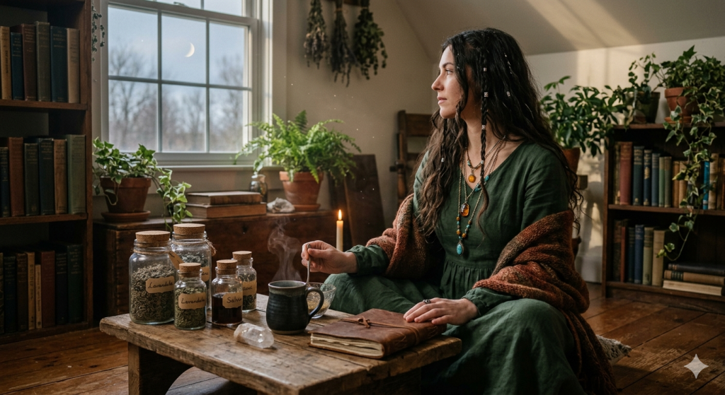 A practitioner with long dark hair sits cross-legged on a wooden floor in a cozy, plant-filled room at dawn. They are wearing a green linen dress and a brown shawl, stirring a steaming mug while looking out a window at a crescent moon. On a low wooden table in front of them are several glass apothecary jars of dried herbs, a crystal, and a leather-bound journal.