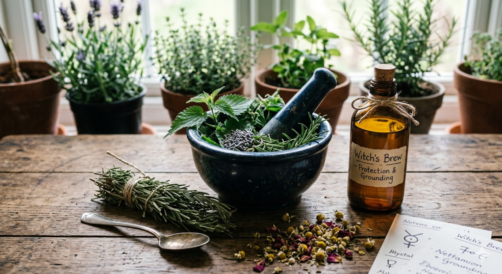 A candid, naturally lit photo capturing an herbalist’s rustic wooden table set for ritual. In the center, a dark blue ceramic mortar and pestle is filled with fresh green herbs and dried botanicals. Beside it, a vintage amber glass tincture bottle with a handwritten label reading "Witch’s Brew" sits near a bundle of dried rosemary tied with twine. A small, tarnished silver spoon and scattered chamomile flowers and rosemary sprigs rest on the textured wood surface. In the soft-focus background, a windowsill holds potted plants, including lavender and thyme. The lighting is soft and natural daylight.