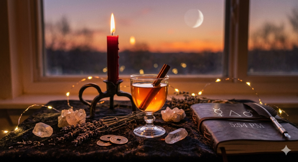 A witchy altar setup at sunset featuring a glowing red candle, a glass of spiced cider with a cinnamon stick, and a leather grimoire embossed with Mercury and Mars symbols, overlooking a twilight window.