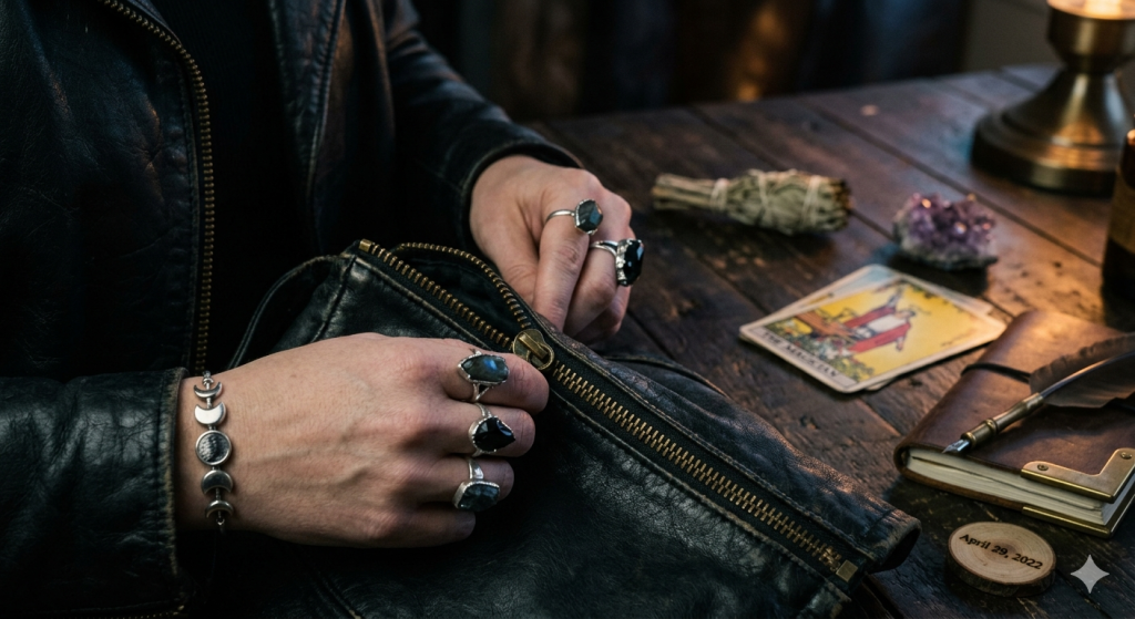 A close-up of a person with moon-phase jewelry and crystal rings zipping a vintage black leather bag on a wooden table set with tarot cards, sage, and a leather journal.