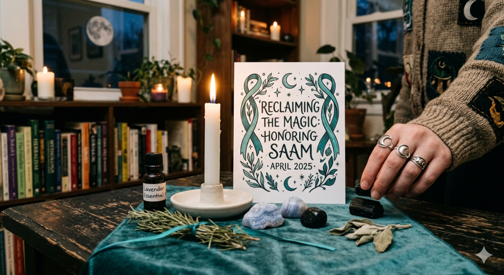 A cozy, "witchy" indoor setting featuring a white candle, blue lace agate crystals, and lavender oil on a teal velvet cloth. A decorative card in the center reads "Reclaiming the Magic: Honoring SAAM April 2025" surrounded by teal ribbons and celestial moon symbols.