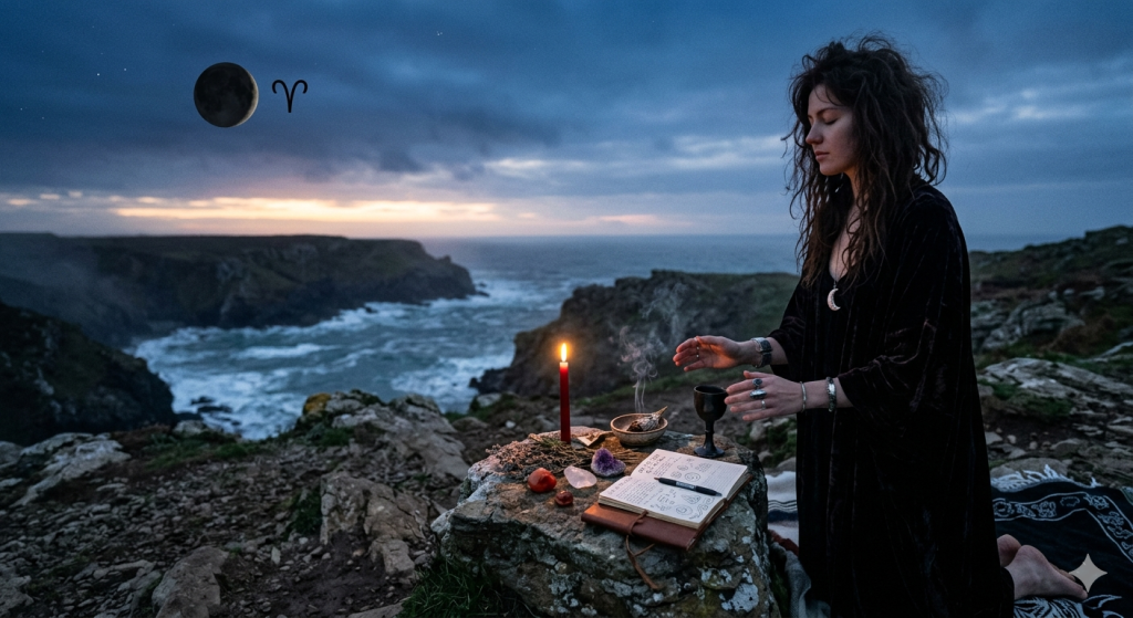 A woman with long dark hair performing a dawn ritual on a rocky cliffside overlooking a misty ocean. On a stone altar sit a flickering red candle, crystals, and an open grimoire, while a dark new moon and Aries symbol appear in the twilight sky.