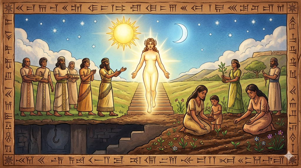 A Sumerian-style illustration showing the goddess Inanna rising from a dark underworld into a bright landscape where people are planting seeds under a sun and crescent moon.