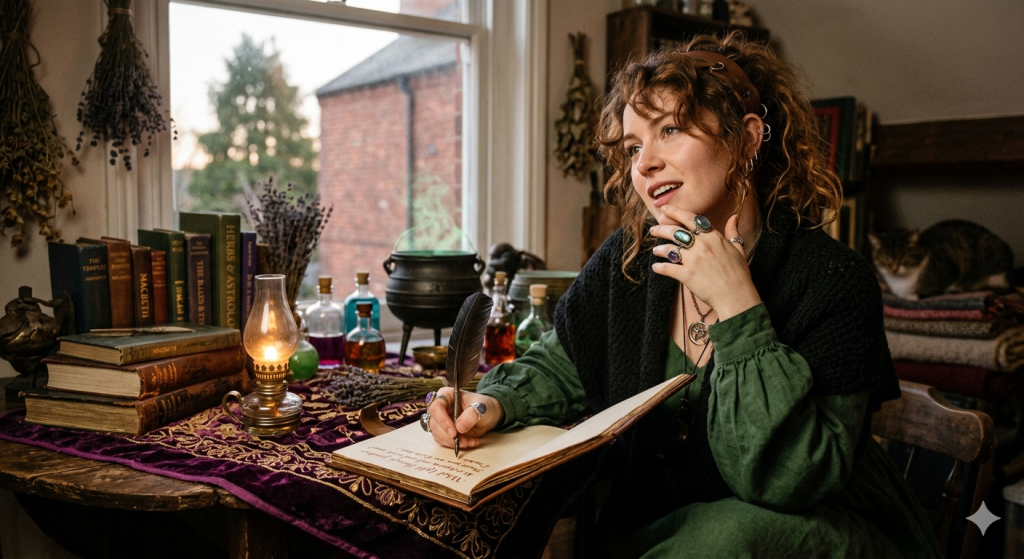 A young woman with curly auburn hair and many rings sits at a desk in a cozy room, writing in a book with a quill pen. Behind her are shelves of books, dried herbs, potion bottles, and a small, steaming cauldron.