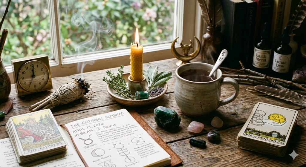 A cozy, witchy wooden desk near a window featuring a beeswax candle, a steaming ceramic mug, crystals like raw emerald and rose quartz, and a tarot card showing the Ace of Pentacles. An open leather journal displays the date April 17, 2026, and the Taurus moon symbol.