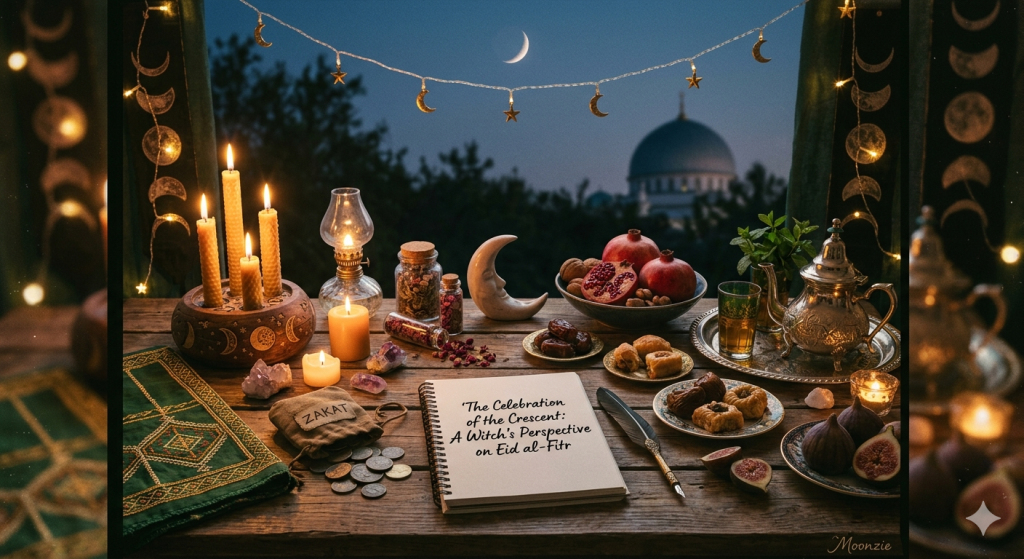 A mystical, cozy altar setup on a wooden table at twilight, featuring beeswax candles, crystal, small bags of herbs, and plates of dates, pomegranates, and pastries. In the background, a soft-focus view through a window shows a crescent moon in the night sky above the silhouette of a dome.
