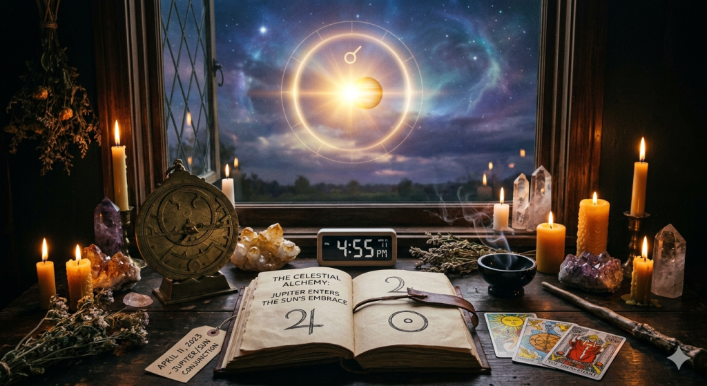 A mystical, witchy workspace at dusk featuring an open grimoire, crystals, tarot cards, and an antique astrolabe. Outside the window, a glowing, celestial alignment of the Sun and Jupiter shines in a twilight sky. A digital clock on the desk displays 4:55 PM.