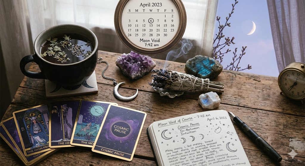 A witchy, cozy desk setup on a wooden table, featuring a steaming cup of herbal tea, tarot cards, crystals, a burning sage bundle, and an open journal with handwritten notes about a "Moon Void of Course" on April 6, 2023, with a window in the background showing a crescent moon in the daylight sky.