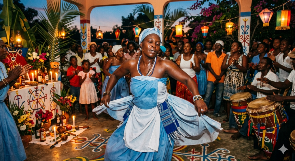 A woman in a blue headwrap and flowing dress dances in a powerful, trance-like state during a ceremonial gathering, surrounded by people, lanterns, and traditional vibrant patterns on the ground.