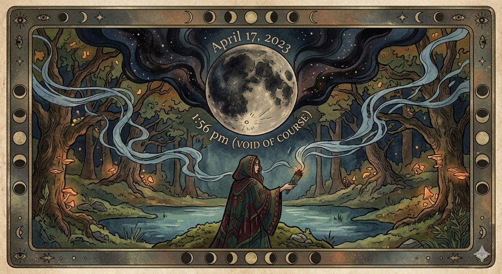 A vintage, mystical tarot-style illustration of a hooded figure holding burning herbs by a dark lake under a large, detailed moon. The text "April 17, 2023" and "1:56 pm (VOID OF COURSE)" is integrated into the sky.