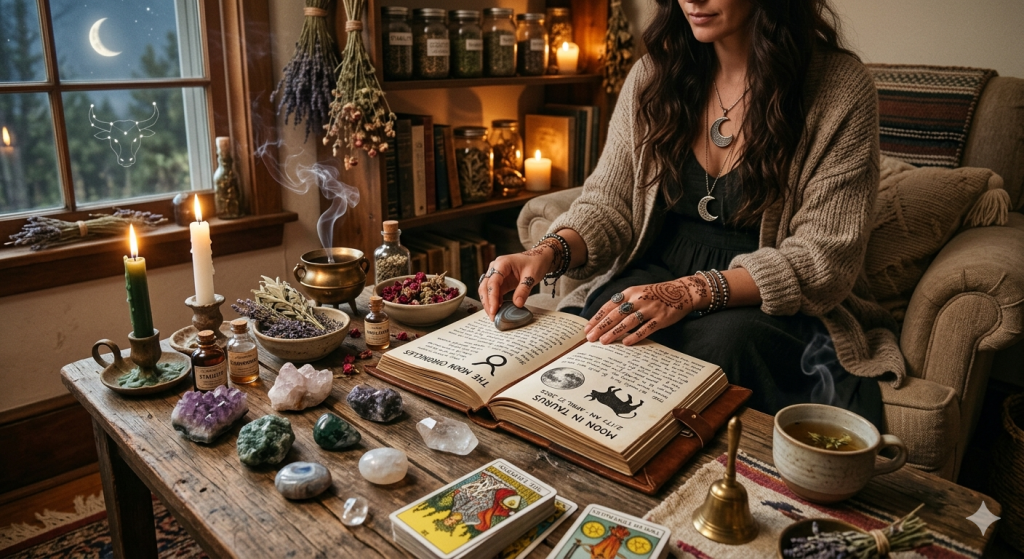 A cozy, witchy workspace at night featuring a person sitting in a comfortable armchair, reading from a rustic journal open to a page labeled "Moon in Taurus." The wooden table is scattered with crystals, burning candles, tarot cards, and dried herbs, with a window in the background showing a crescent moon and the Taurus constellation.