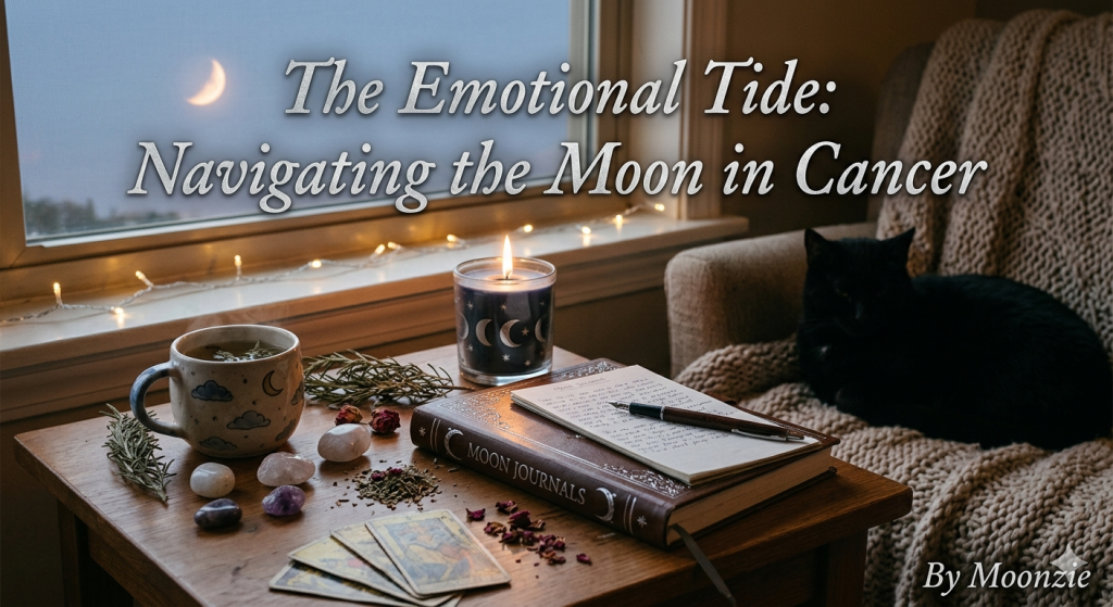A cozy, witchy desk setup featuring a steaming mug of tea, tarot cards, a Moon journal, a lit candle with lunar motifs, and crystals, with a view of a crescent moon through a nearby window and a black cat resting on a chair.