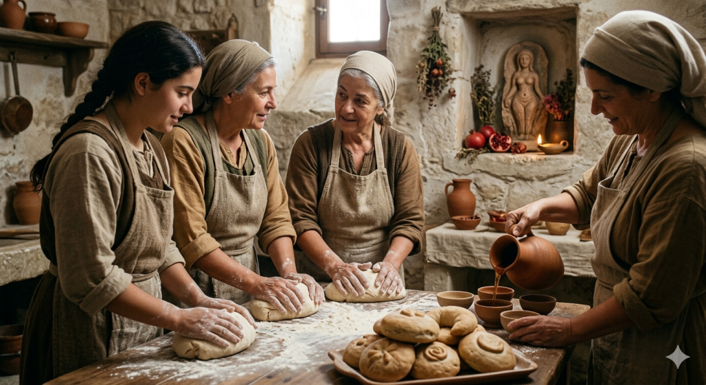 A cinematic, warm-toned image of four women of different generations in an ancient stone kitchen, kneading dough and pouring wine. In a small wall niche behind them sits a primitive clay goddess figurine surrounded by pomegranates and a flickering oil lamp.