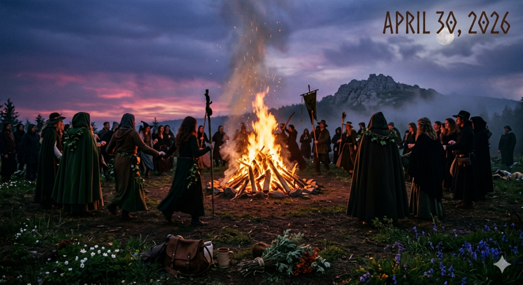 A group of people dressed in dark, hooded cloaks and festive attire dancing in a circle around a large, roaring bonfire at twilight, set in a mountainous landscape with a full moon in the sky. The text "APRIL 30, 2026" is written in the top right corner.
