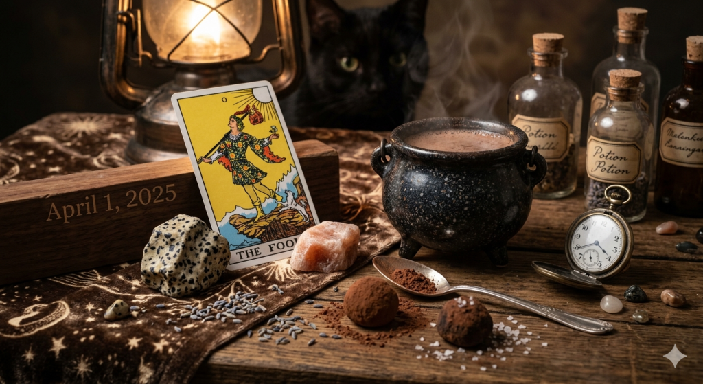 A whimsical witchy still-life featuring The Fool tarot card propped against a wooden block engraved with April 1, 2025. Nearby, a small steaming cauldron, a black cat in the soft-focus background, and chocolate "earth truffles" scattered with lavender and sea salt sit on a velvet cloth.