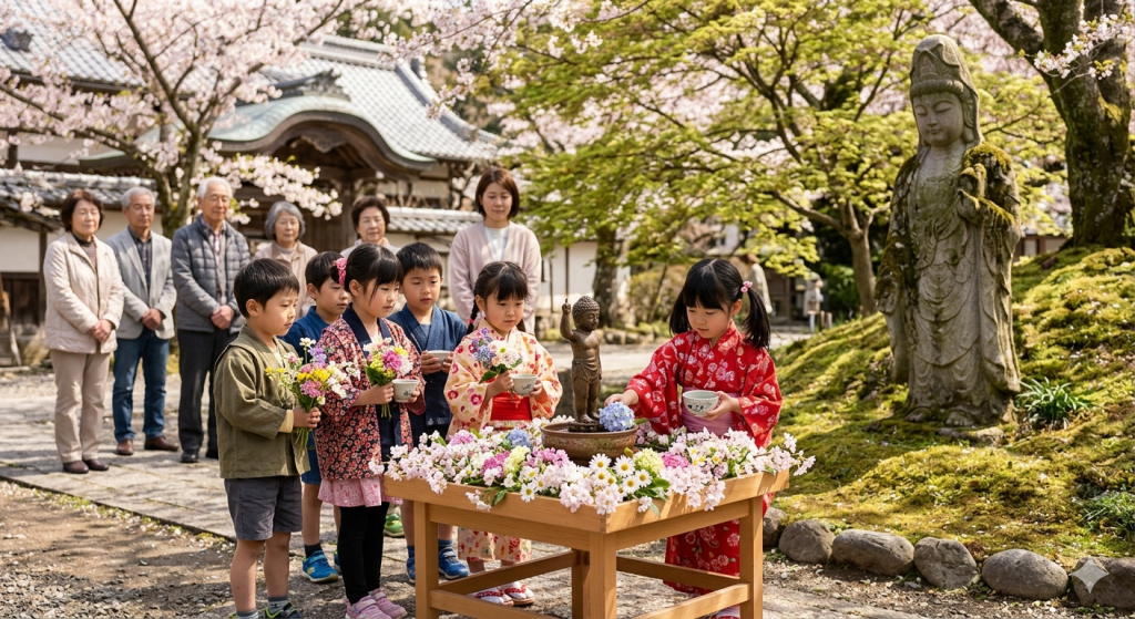 Japanese children in traditional clothing and elders gather at a temple garden during Hana Matsuri. A young girl pours sweet hydrangea tea over a small statue of the baby Buddha surrounded by flowers, while a serene stone statue of Kuan-Yin stands under cherry blossoms in the background.