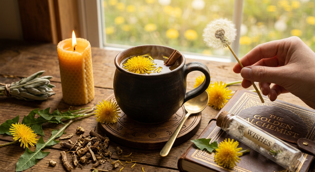 A close-up photograph capturing a ritual scene on a wooden table. A person’s hand holds a fluffy dandelion seed head next to a dark, earthen mug of steamy dandelion tea adorned with yellow petals. An open journal titled "THE GOLDEN ALCHEMIST" is nearby, along with dried roots, a burning beeswax candle, and a glass vial labeled "WISHES."